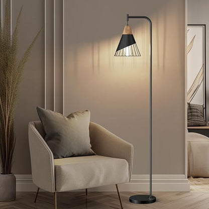 67" Industrial Floor Lamp with Wood & Black Metal Shade, Modern Standing Lamp, Rustic Farmhouse Tall Lamp for Living Room Bedroom Office, 2700K Bulb & Foot Switch Included (Black)