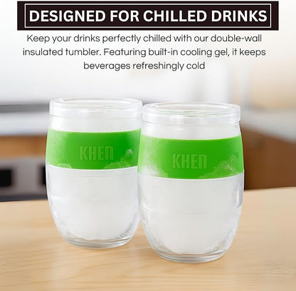 Freezable Wine Tumbler Set with Lids & Green Grip - 2 Set - 13 oz Tumblers Insulated Cooling Gel Glasses – Reusable Double Wall Stemless Cups for Keeping Drinks Cold, Outdoor Entertaining & Gifts