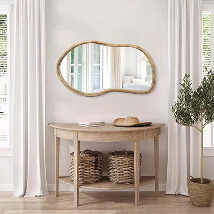 Irregular Wall Mirror Wood Asymmetrical Mirror Large Bathroom Vanity Mirrors Natural Wood Framed Abstract Mirrors for Wall Living Room Bedroom Decorative