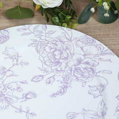 Efavormart 6 Pack Floral Acrylic Charger Plates in French Toile Pattern, Matte Lavender and White Round Dinner Charger Event Tabletop Decor - 13"