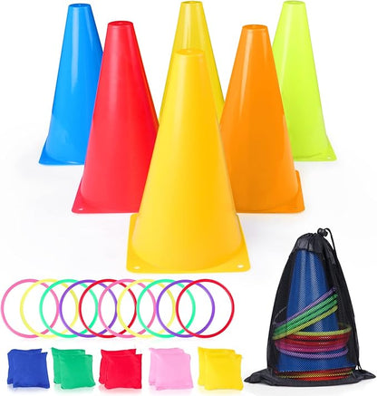 3 in 1 Carnival Games Set, Soft Plastic Cones Cornhole Bean Bags Ring Toss Games For Carnival Kids Birthday Party Indoor Outdoor Games Supplies