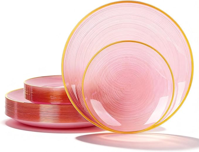 N9R 60PCS Pink Plastic Plates with Gold Rim – 30 Dinner & 30 Dessert Plates, Circular Ribbed Design, Elegant Disposable Plates for Weddings, Events, Banquets, Special Occasions (Translucent Pink)