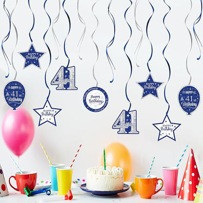 Happy 41st Birthday Blue & Silver Glitter Swirls Streamers Party Decorations - 15 Pcs 41st Birthday Hanging Swirls Streamers Kit,Perfect for 41st Bday Party Sign.