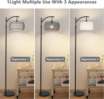 Arc Floor Lamp for Bedroom, Boho Standing Lamp with Remote & LED Smart Bulb, Rattan Floor Lamps for Living Room with 3 Color Temperatures, Height Adjustable Corner Tall Lamp, Stand up Light for Office