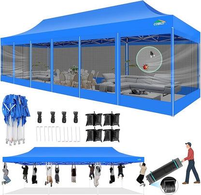 COBIZI 10x30 Pop Up Canopy with Sidewalls, Heavy Duty Canopy with Mosquito Netting, Easy up Screen Party Tents for Parties Backyard Outdoor Commercial Event Gazebo with Roller Bag, Sandbags, Blue