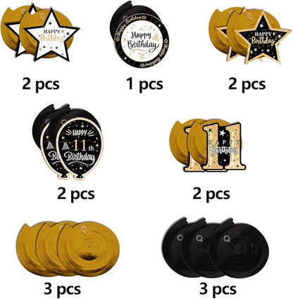 Happy 11th Birthday Black & Gold Glitter Swirls Streamers Party Decorations - 15 Pcs 11th Birthday Hanging Swirls Streamers Kit,Cheers to Eleven Years Old Bday Party Sign.