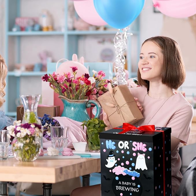Hungdao Gender Reveal Balloon Box with Ribbon and 10 Pink and Blue Balloons Gender Reveal Games He or She Open to See for Party Decoration 12 x12 x16 (Ghost)