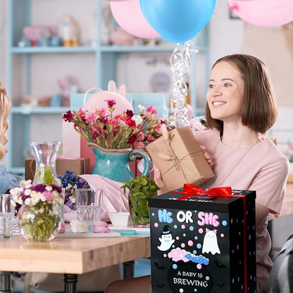 Hungdao Gender Reveal Balloon Box with Ribbon and 10 Pink and Blue Balloons Gender Reveal Games He or She Open to See for Party Decoration 12 x12 x16 (Ghost)