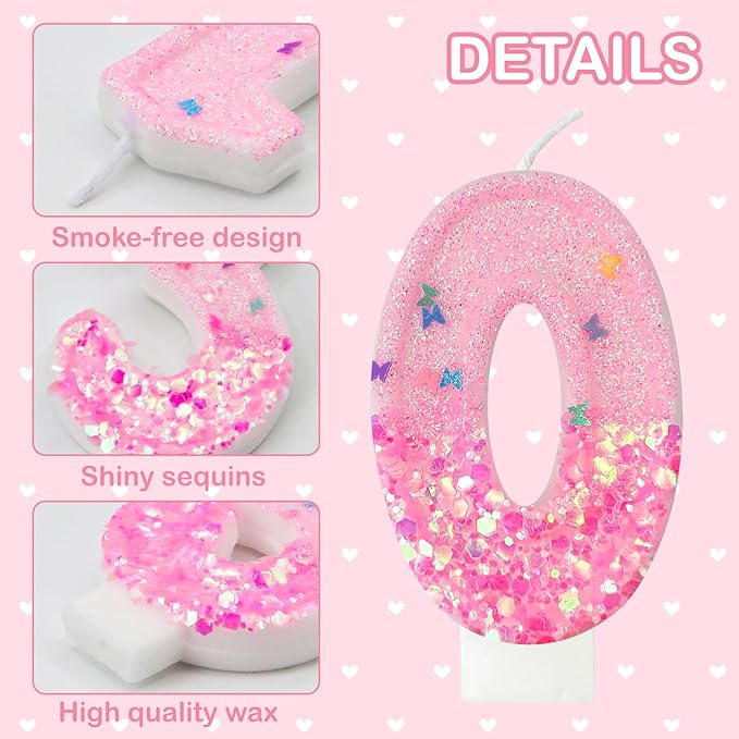 Pink Sequin Birthday Candles, Cake Number Candles, Girls 0th Birthday Decorations, Suitable for Birthday Parties, Anniversary Party Decorations(10)
