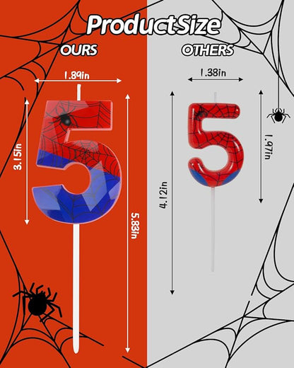 Number 5 Spider Themed Birthday Candle, 2.68 Inch Red Blue Spider Birthday Candles, Number Candles Birthday Cake Toppers Web Candles for Boy Girl Spider Party Decoration Supplies Halloween Party