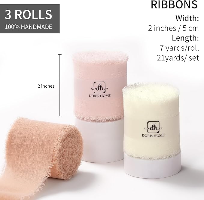 DORIS HOME Pink and Cream Chiffon Ribbon for Flower Bouquet, 2" x21Yd Fabric Ribbon for Gift Wrapping, Handmade Frayed Ribbon for Wedding/Christmas Decorations