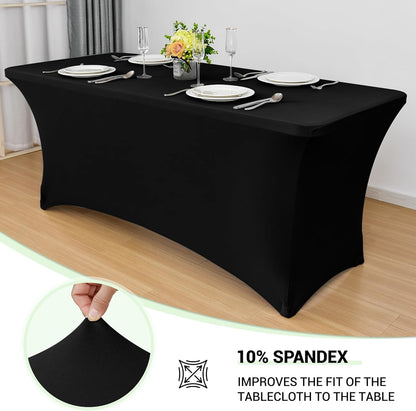 Obstal 8ft Stretch Spandex Table Cover for Standard Folding Tables - 2 Pack Universal Rectangular Fitted Tablecloth Protector for Wedding, Banquet and Party, Black