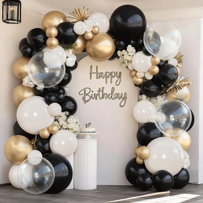 Black and White Sand Balloons Arch Kit, 128pcs Matte Black White Cream Balloons Garland Kit with Chrome Gold Clear Balloons for Birthday Party Graduation Wedding New Year Eve Decorations