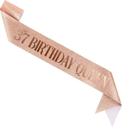 37 Birthday Queen 37th Birthday Sash for Women, Rose Gold Glitter Sash with Foil