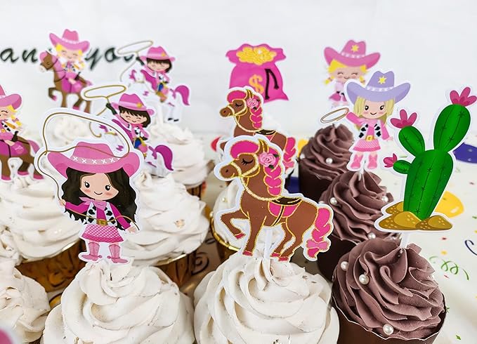 36Pcs Cowgirl Cupcake Toppers Western Theme Cake Decorations Pink Cowgirl Cupcake Toppers for Western Cowgirls Birthday Party Baby Shower Supplies
