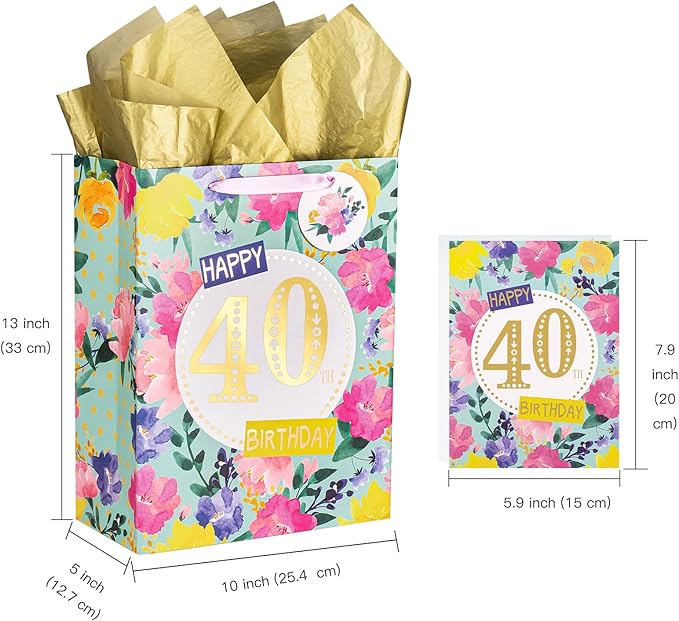 WRAPAHOLIC 13" Large 40th Birthday Gift Bag with Card and Tissue Paper - Floral 40th Birthday