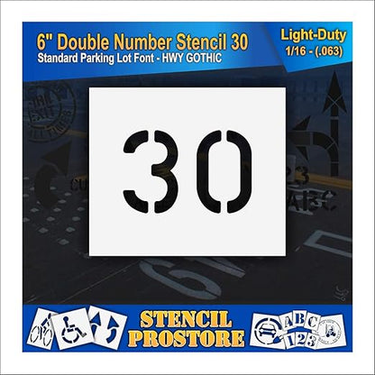 Pavement, Curb, and WheelStop Stencils - 6 inch Double Number Stencil - (30) - 6" x 9" x 1/16" (63 mil) - Light-Duty