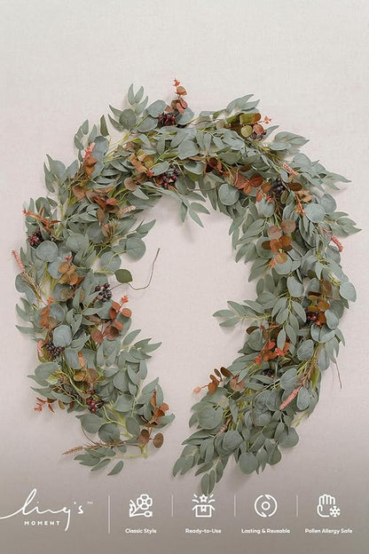 Ling's Moment Eucalyptus Flower Greenery Garland with Willow Leaves 2pcs, 5.9ft Hanging Italian Ruscus Vines Rustic Wreath Swags for Table Centerpieces Wedding Arch Decor, Terracotta Flowers