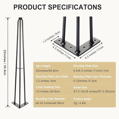 HONG SHENG 22Inch Hairpin Table Legs Black Set of 4 Desk Legs,1300lbs Load Capacity ， Rodsfor Coffee Table, Night Stand Desk Bench，Desk, Bench Desk Dining End Table Chairs