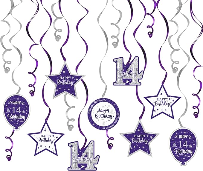 Happy 14th Birthday Purple & Silver Glitter Swirls Streamers Party Decorations - 15 Pcs 14th Birthday Hanging Swirls Streamers Kit,Cheers to Fourteen Years Old Bday Party Sign.