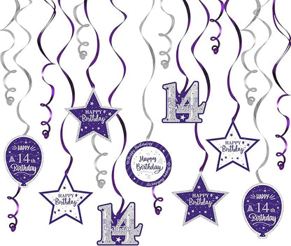 Happy 14th Birthday Purple & Silver Glitter Swirls Streamers Party Decorations - 15 Pcs 14th Birthday Hanging Swirls Streamers Kit,Cheers to Fourteen Years Old Bday Party Sign.