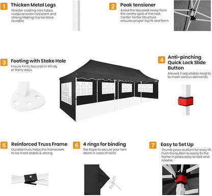 COBIZI 10x30 Pop up Canopy with Roller Bag & 8 Removable Sidewalls, Canopy Tent for Parties, Wedding, and Commercials, Waterproof and Instant Shelter UV50+ Outdoor Gazebo with 4 Sandbags(Black)