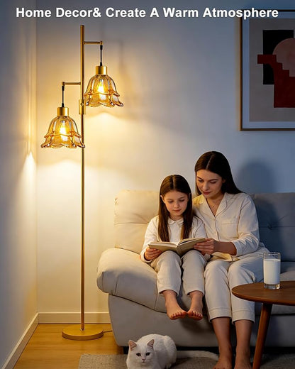 2-Light Modern Glass Floor Lamp, Gold Tall Standing Lamp with Amber Tulip Glass Shade for Reading, Dimmable LED Floor Lamp with Rotary Switch for Living Room Bedroom Home Decor, Bulb Included