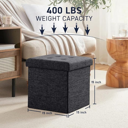 Ornavo Home 2 Pack 15 Inch Folding Storage Ottoman, Square Cube Linen Small