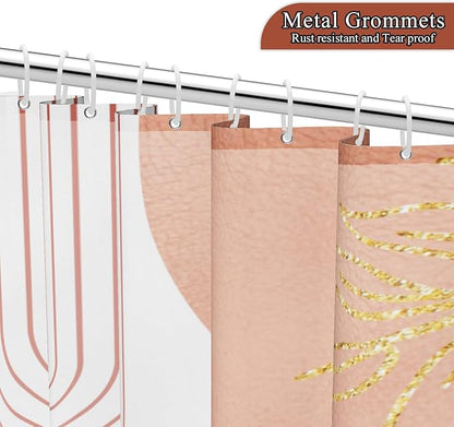 Mid Century Boho Shower Curtain 72x72 inch, Abstract Modern Sun Minimalist Aesthetic Shower Curtain, Bohemian Geometric Arch Curve Leaves Neutral Art Fabric Bathroom Decor Pink