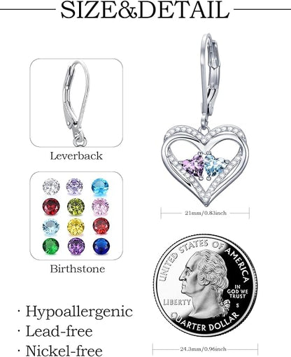 Valentines Day Gifts for Women, Heart Leverback Earrings Double Birthstone Dangle Earrings for Women, Love Jewelry for Her, Anniversary Birthday Gift for Mom Wife Girlfriend
