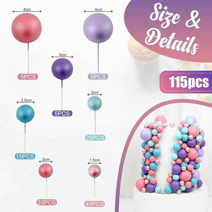 115 PCS Ball Cake Toppers - Mini Balloon Cake Decorations Foam Ball Cupcake Picks DIY Cake Insert Toppers for Birthday Party Wedding Baby Shower - Pink Purple Blue