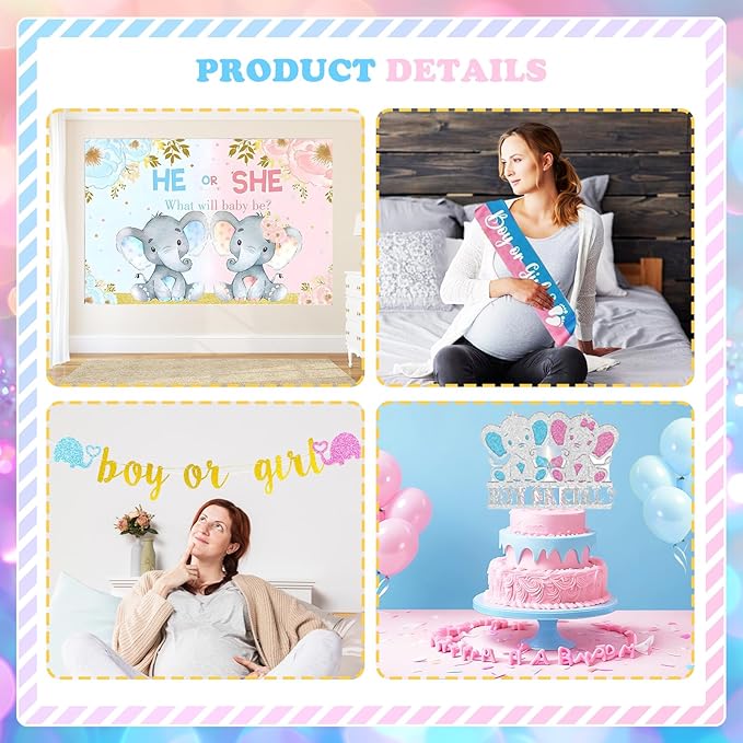 172 PCs Elephant Gender Reveal Decorations, Hombae Boy or Girl Gender Reveal Decorations What Will Baby Be Backdrop Balloon Garland Banner Tablecloth Cake Cupcake Topper Box Cutout Poster Sash