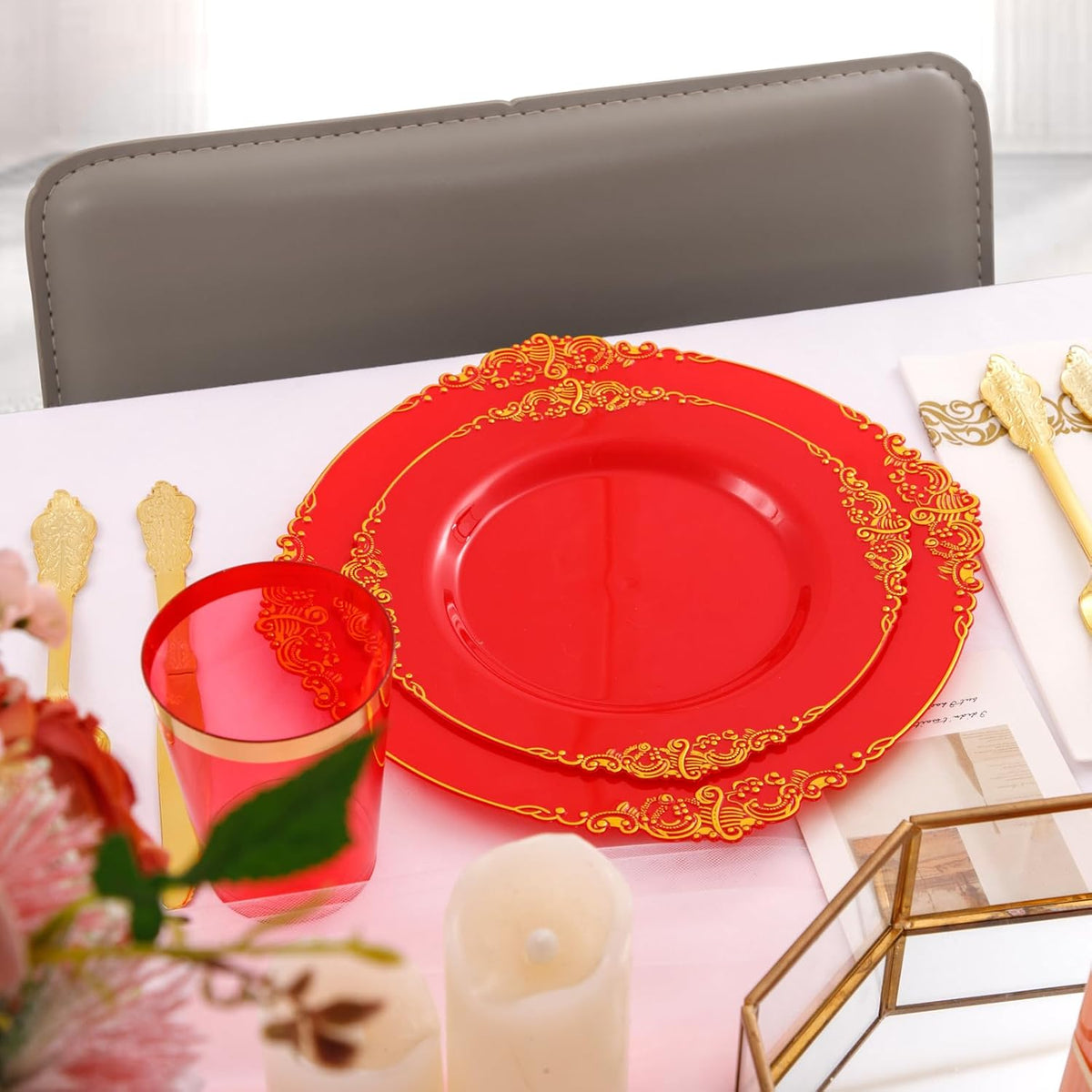 Morejoy 175PCS Red Plastic Plates,Red Disposable Plates With Gold Rim,Red and Gold Plastic Dinnerware Set Includes: 50 Plates,25 Silverware Sets,25 Cups,25 Napkins,Perfect for Party,Wedding