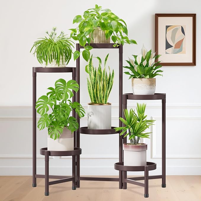 iDavosic.ly Plant Stand Indoor Outdoor, 6 Tier Corner Metal Flower Display Holder Shelf, Folding Tall Orchid Rack for Patio Balcony Porch Garden Living Room House, Violet Bronze