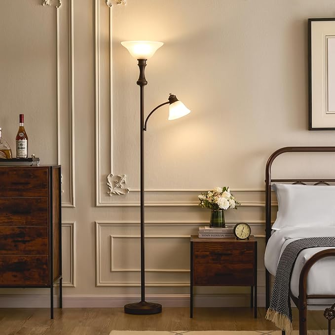 71'' Floor Lamps for Living Room, Tall Floor Lamp for Bedroom with Adjustable Angle Arc Reading lamp, Modern Torchiere Standing lamp with Glass Shade, Knob Switch, Bulb Included, Red Brown