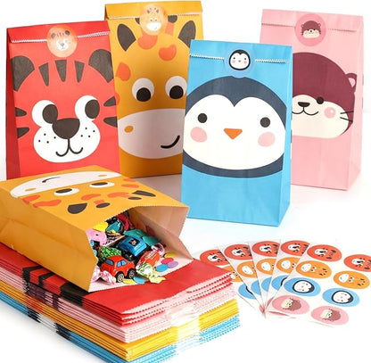 VGOODALL 36 Pack Animal Party Favor Bags with Stickers - 8.7"x4.7"x3.1" Jungle Safari Paper Goodie Bags, 4 Cute Animal Designs for Kids Birthday, Classroom Rewards, Baby Shower & Gift Packaging