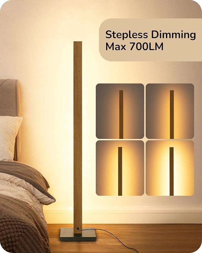 EDISHINE Wood LED Corner Floor Lamp, Modern Dimmable Light with Remote, Minimalist Standing Floor Lamps for Living Room, Bedroom, Office, 7 Color Temperature 2700~6000K, 48.43"