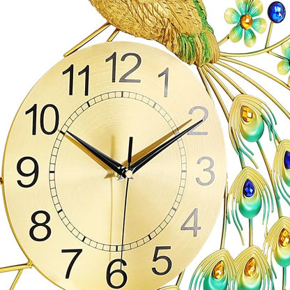 29.5" Large Peacock Wall Clock Crystal Decor, 3D Creative Luxury Wall Clock Silent Non-Ticking Battery Operated Living Room Decor Big Clock