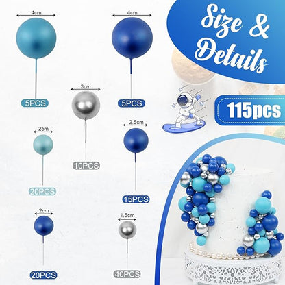 115 PCS Ball Cake Toppers - Mini Balloon Cake Decorations Foam Ball Cupcake Picks DIY Cake Insert Toppers for Birthday Party Wedding Baby Shower (Blue, Silver)