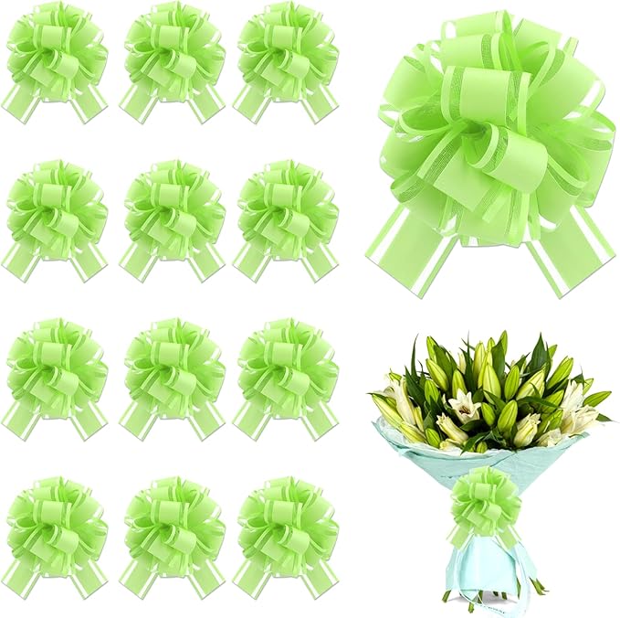 12 pcs Green Gift Bow Pull Bows for Gift Warpping Christmas Warp Ribbon Bow Party Birthday Wedding Solid Bows for Bikes Anniversary Boxes Flower Decorations Valentine's Day (Light Green-E)