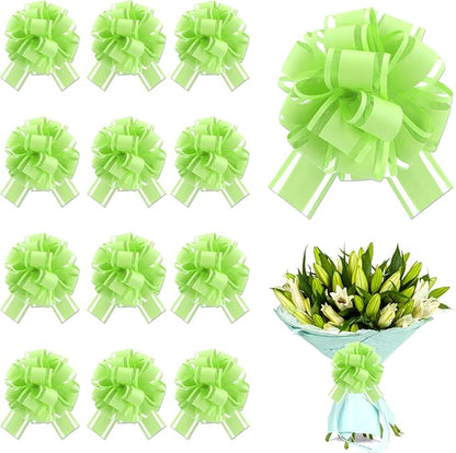 12 pcs Green Gift Bow Pull Bows for Gift Warpping Christmas Warp Ribbon Bow Party Birthday Wedding Solid Bows for Bikes Anniversary Boxes Flower Decorations Valentine's Day (Light Green-E)