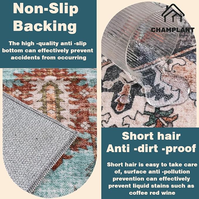 CHAMPLANT Washable Area Rug 5'x7' Green Retro Boho Chic Medallion Distressed Design Living Room Indoor Non-Slip Large Oriental Accent Throw Rugs for Kitchen Bedroom Office Carpet