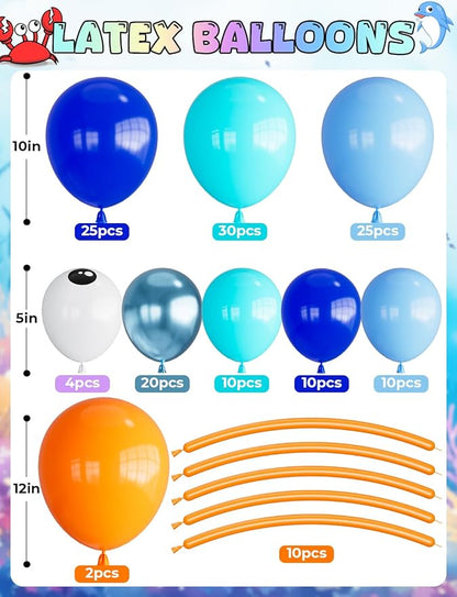 Under The Sea Balloon Arch Garland Kit, 154Pcs Ocean Themed Party Decorations with Blue Balloons, Marine Animals Foil Balloons for Ocean Theme Birthday Baby Shower Wedding Party Supplies