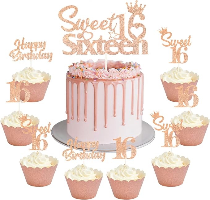 25 Pack 16th Birthday Cake Decorations, Sweet 16 Sixteen Cake Topper, Happy Birthday Sweet 16 Cupcake Toppers Rose Gold for Boys Girls Happy 16th Birthday Party Supplies…