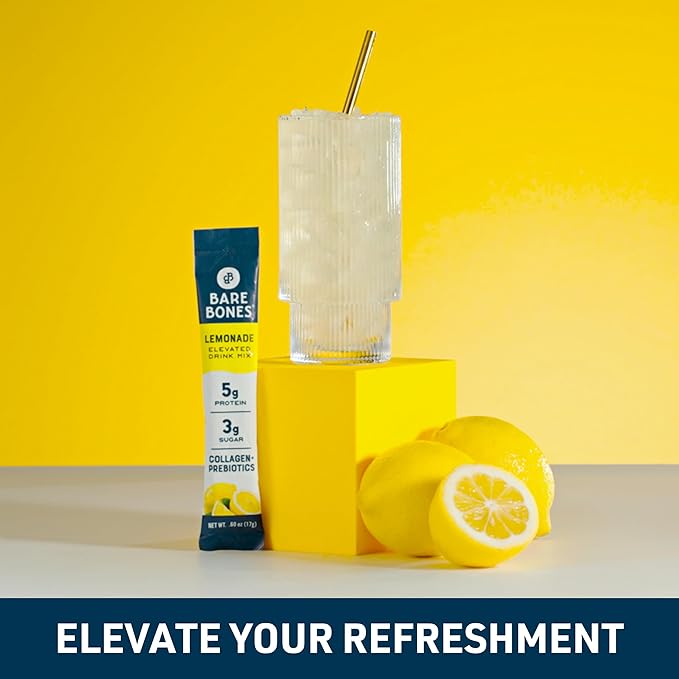 Bare Bones Lemonade Elevated Drink Mix | Light & Flavorful | Gluten-Free & Naturally Sweetened | On-the-Go Stick Single-Serve Packs Powdered Refreshment | 5g Protein | 16 Packets (.60 oz)