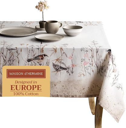 Maison d' Hermine Table Cloth Rectangle Table 100% Cotton 54 x 72 Inches Tablecloth Reusable Decorative for Dining Room Farmhouse Home Valentines Day Decorations Spring Summer - Meadow Florals - Brown