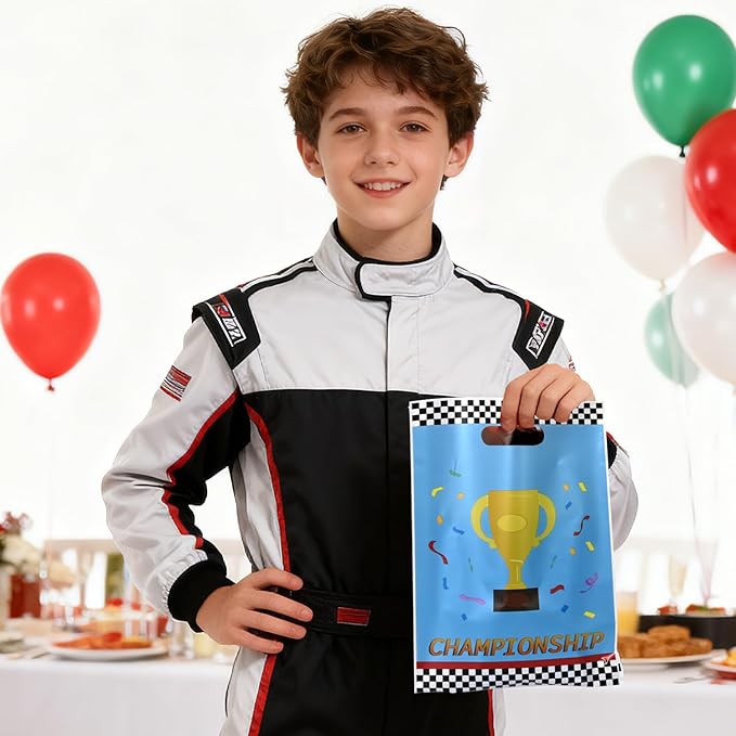 HappFestiv 50 Pcs Race Car Party Favor Bags, Checkered Flag Racing Goodie Bags, F1 Treat Bags Candy Bags, Racing Birthday Themed Party Supplies, Boys Gifts