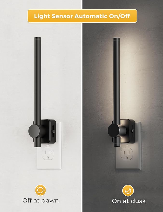 L LOHAS LED Night Light, Dimmable Night Lights Plug into Wall 0-200LM, Dusk to Dawn Sensor, 2W Bathroom Night Lights, Daylight 5000K, Modern Black Plug in Nightlight for Mirror Restroom,1Pack