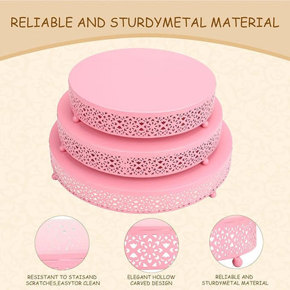 Pyrrhiax 3 Piece pink cake stand Set 16'' 14'' 12'' Round Metal Cake Stands Cupcake Stand Riser Pastry Candy Display Plate for Dessert Table Wedding Event Birthday Anniversary Party (Pink)