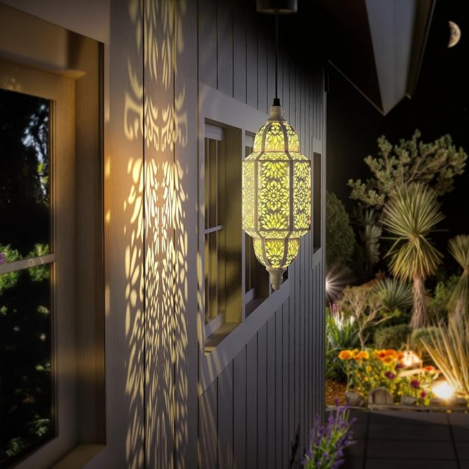 Twinkya Hanging Solar Lights Outdoor Garden Decorative Solar Lantern Waterproof Metal Moroccan Outdoor Decorations for Patio Pathway Yard Porch Backyard Garden Decor (White, 1 Pack)